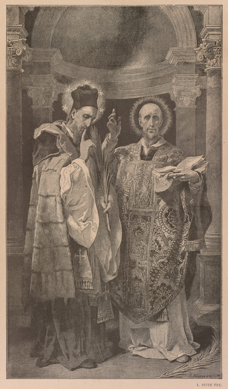 Karl Angerer podle Ludovica Seitze: Sv. Jan Nepomucký a bl. Jan Sarkander, po 1877, zvláštní otisk Zlaté Prahy, papír, soukromá sbírka Karl Angerer podle Ludovica Seitze: Sv. Jan Nepomucký a bl. Jan Sarkander, po 1877, zvláštní otisk Zlaté Prahy, papír, soukromá sbírka