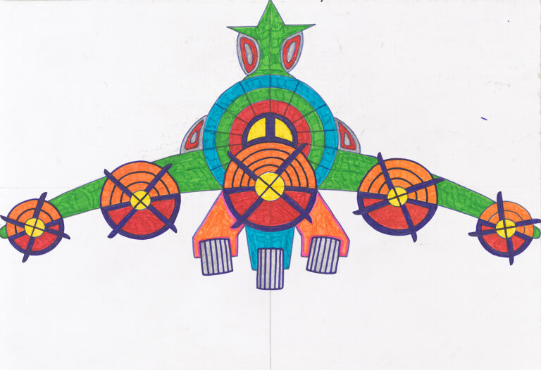 Henryk Kondratowicz  Letadlo, nedatováno, fixy, papír, 50 x 70 cm, sbírka Andrzeje Kwasiborského, Płock